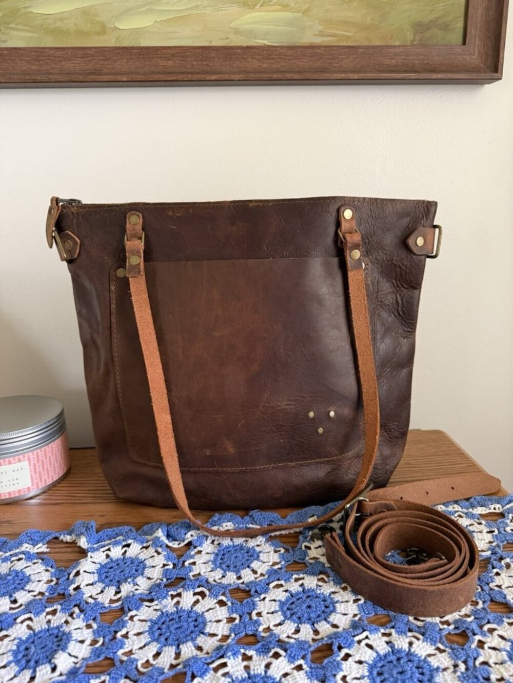 In Blue 100% Leather Rustic Tote Handbag With Crossbody Medium Brown Zip  Boho